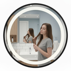 ESPEJO CIRCULAR 60CM 3 LUCES LED, BORDE NEGRO METALICO (15LC06088)